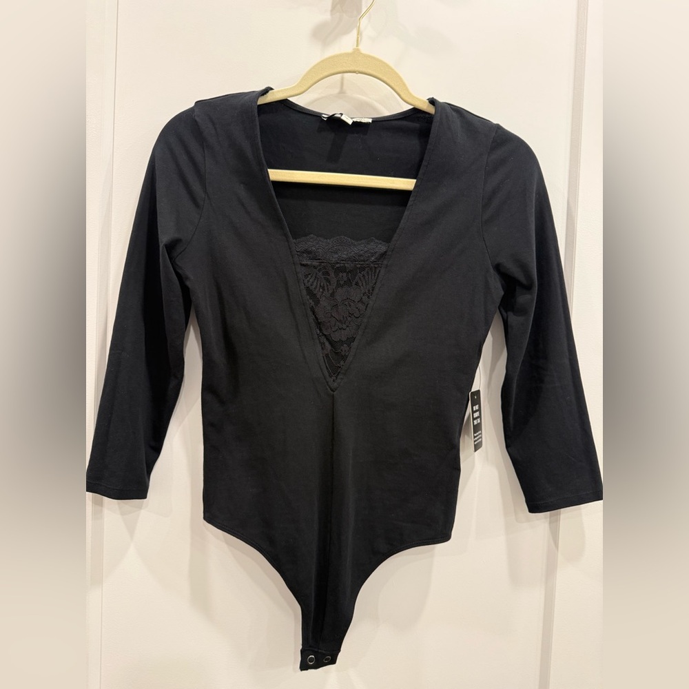 Express Black Plunging Deep V-Neck Lace Trim Bodysuit | Size Small | NWT